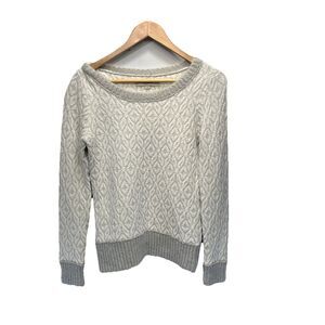 LOFT Textured Diamond Knit Sweater Small Nylon Mohair Wool Blend White Gray Crew